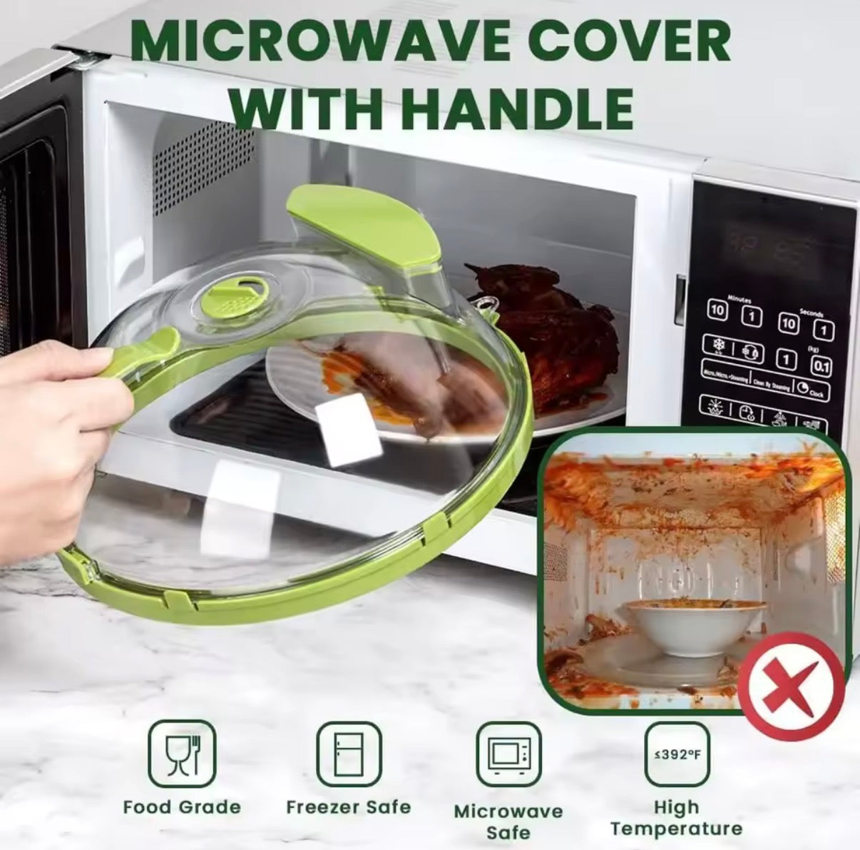 Clear microwave food cover with handle and water steamer for splatter prevention, by Problems Solved.
