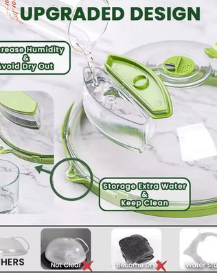 Clear microwave food cover with handle and water steamer for splatter prevention, by Problems Solved.