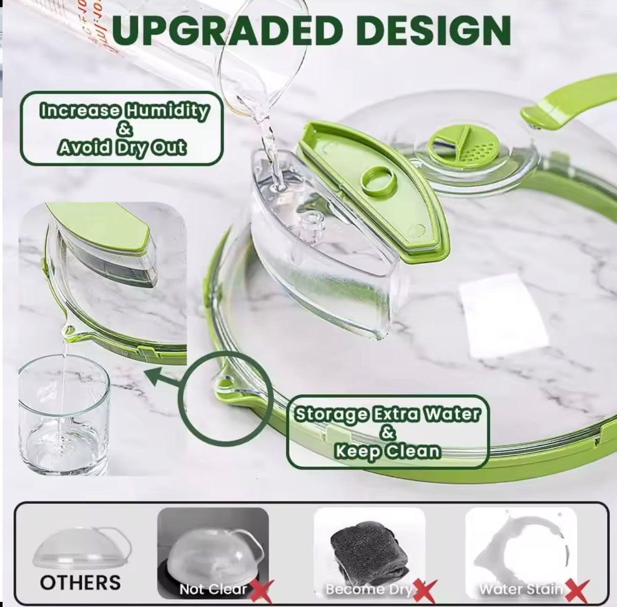 Clear microwave food cover with handle and water steamer for splatter prevention, by Problems Solved.