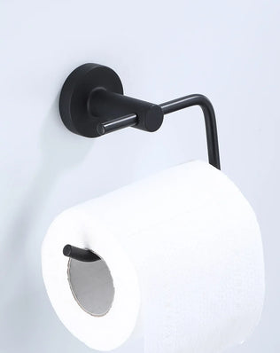 Black bathroom hardware set including robe hook, towel rail, bar rack, shelf, and tissue paper holder by Problems Solved