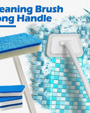 Problems Solved bathroom sponge cleaning brush with long handle, versatile multi-functional scrub tool for bathroom surfaces.