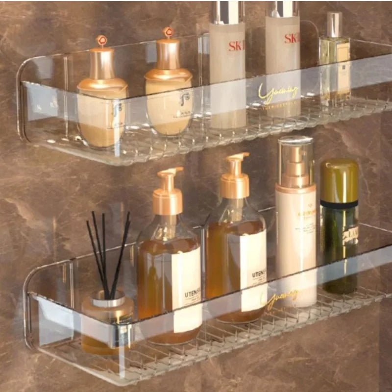 Bathroom White Shelf Rack Wall-mounted Washbasin No-punch Washroom Wall Mounted Cosmetic Storage Transparent Shelf Organiser - Problems Solved
