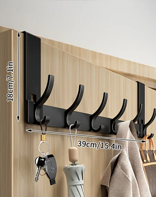 Bathroom shower storage rack with towel hooks, made of easy-install space aluminum, by Problems Solved.