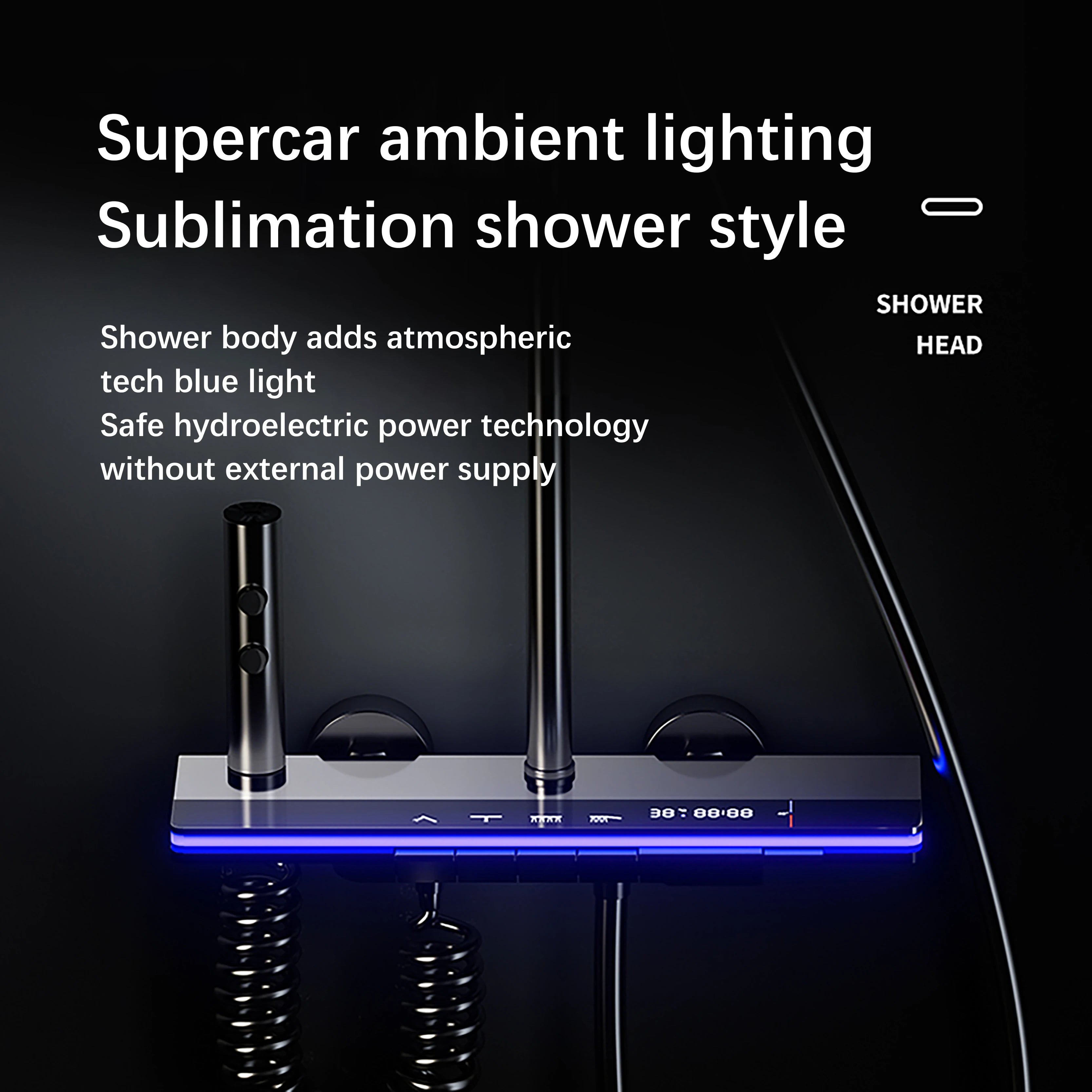 Problems Solved smart bathroom shower system set with rainfall shower, digital temperature display, mixer, and atmosphere lamp.