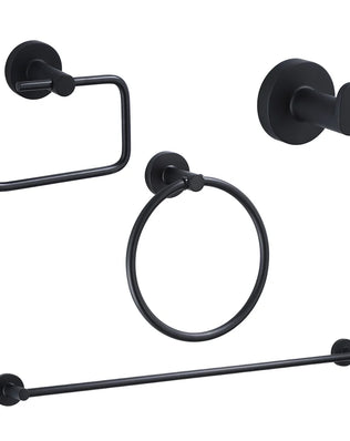 Problems Solved black bathroom hardware with robe hook, towel rail, bar rack, shelf, and tissue paper holder on a bathroom wall.