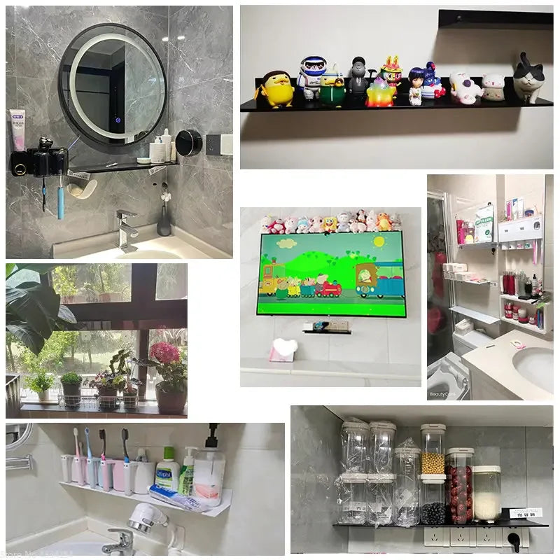 Bath Storage Rack Wall Shelves Floating Matt Black Bathroom Kitchen Mirror Metal Shower Organizer Home Accessories No Drill - Problems Solved