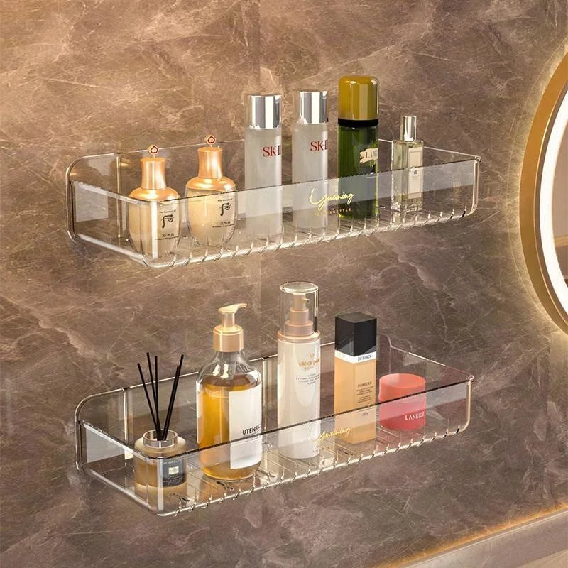Bathroom White Shelf Rack Wall-mounted Washbasin No-punch Washroom Wall Mounted Cosmetic Storage Transparent Shelf Organiser - Problems Solved