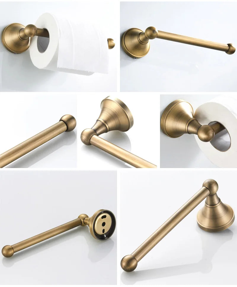 Antique brass wall-mounted toilet paper holder from Problems Solved, designed for bathroom accessories with a vintage style.