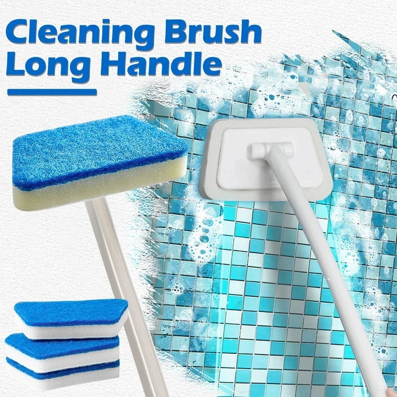 Problems Solved bathroom sponge cleaning brush with long handle, multi-functional tool for scrubbing sinks, tubs, and surfaces.