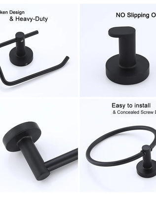 Black bathroom robe hook, towel rail, and tissue paper holder from Problems Solved, mounted on a bathroom wall for organization.