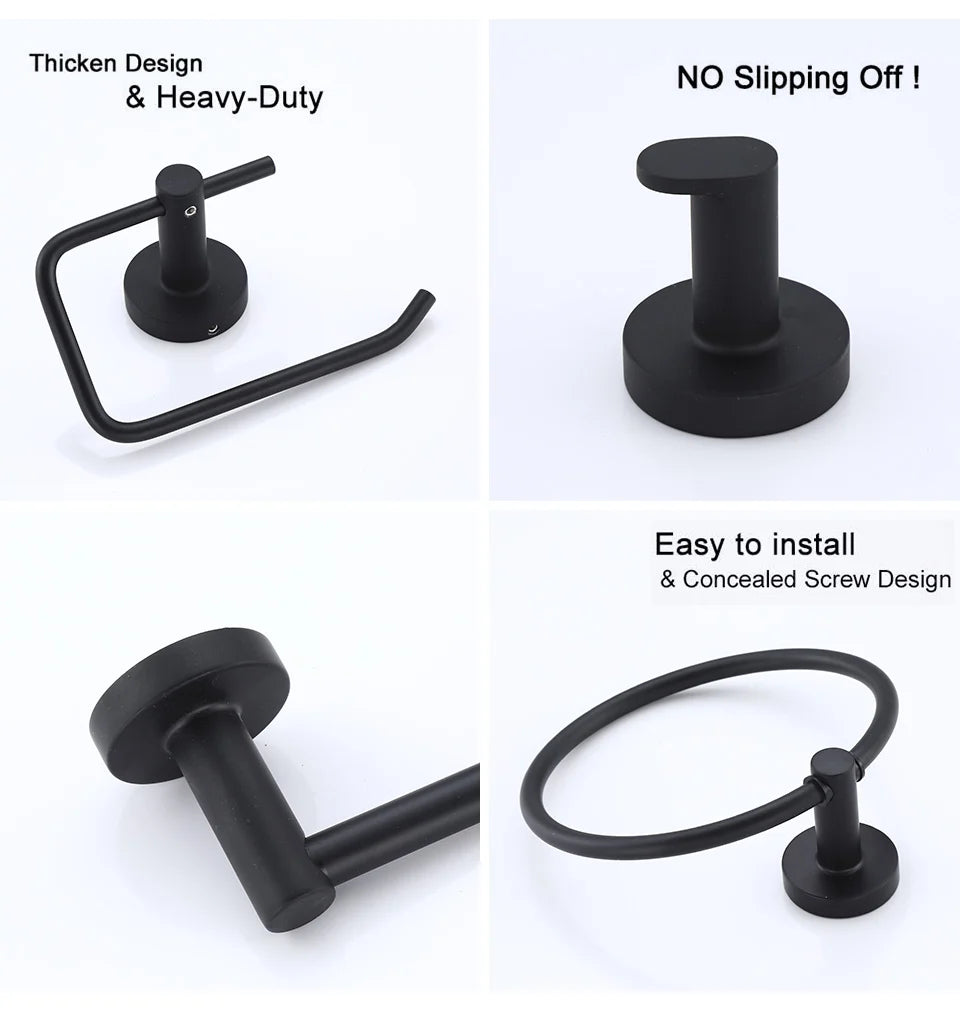 Black bathroom robe hook, towel rail, and tissue paper holder from Problems Solved, mounted on a bathroom wall for organization.