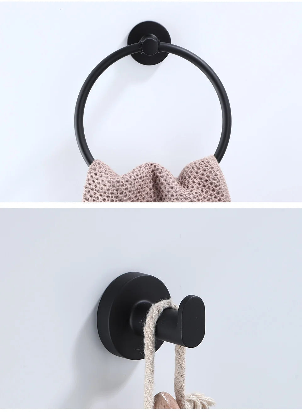 Black bathroom hardware set including robe hook, towel rail, bar rack, shelf, and tissue paper holder by Problems Solved