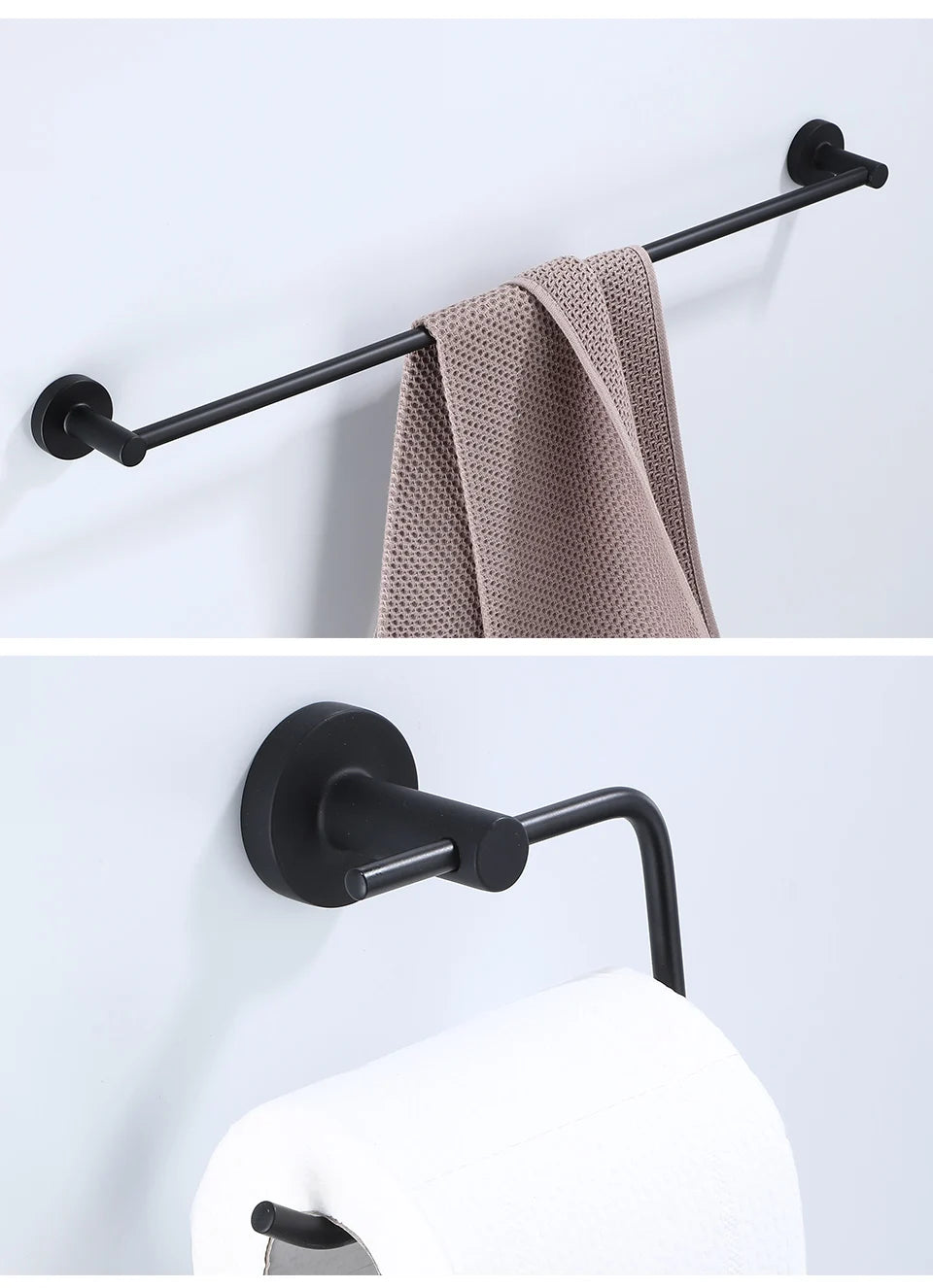 Black bathroom hardware set including robe hook, towel rail, bar rack, shelf, and tissue paper holder by Problems Solved