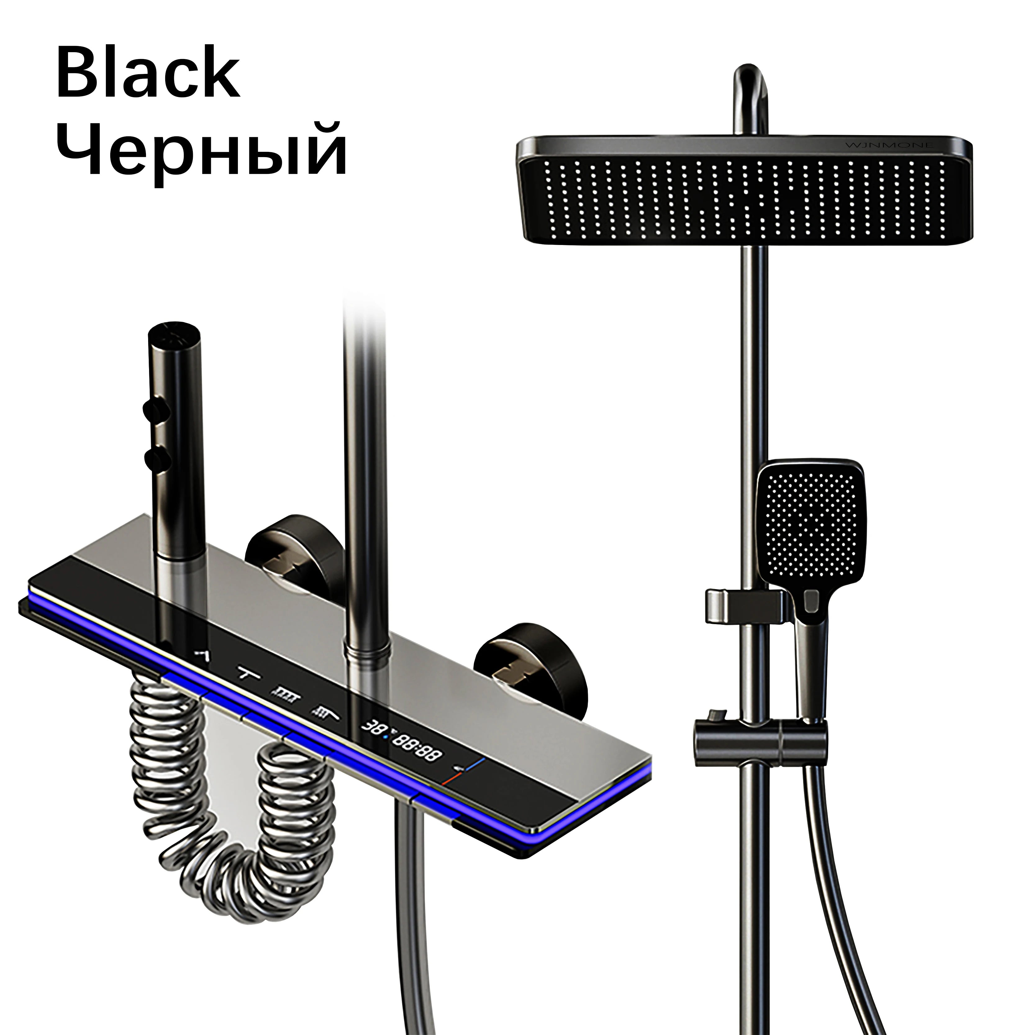 Problems Solved smart bathroom shower system with rainfall showerhead, digital display, temperature mixer, and atmosphere lamp in sleek design.