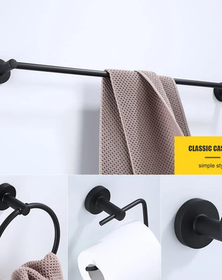 Black bathroom hardware set including robe hook, towel rail, bar rack, shelf, and tissue paper holder by Problems Solved